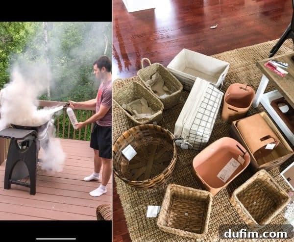 A fire extinguisher next to a grill after a grease fire, and a pile of various baskets for home organization
