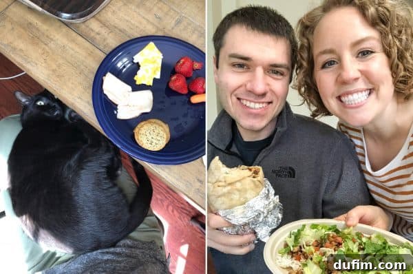 Salsa the cat sitting on a person's lap during lunch, and a delicious-looking Chipotle bowl