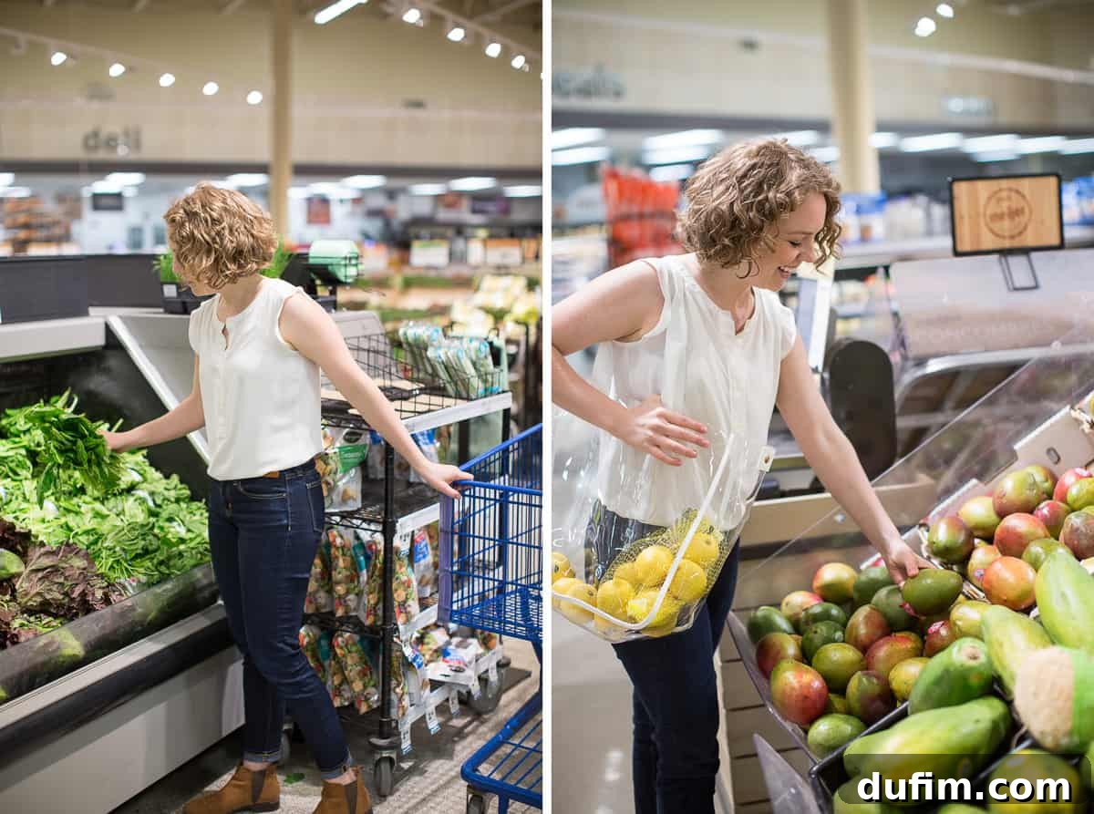 Two images side-by-side: A woman in a grocery store, first selecting fresh spinach, then reaching for a ripe mango, emphasizing fresh ingredient choices.