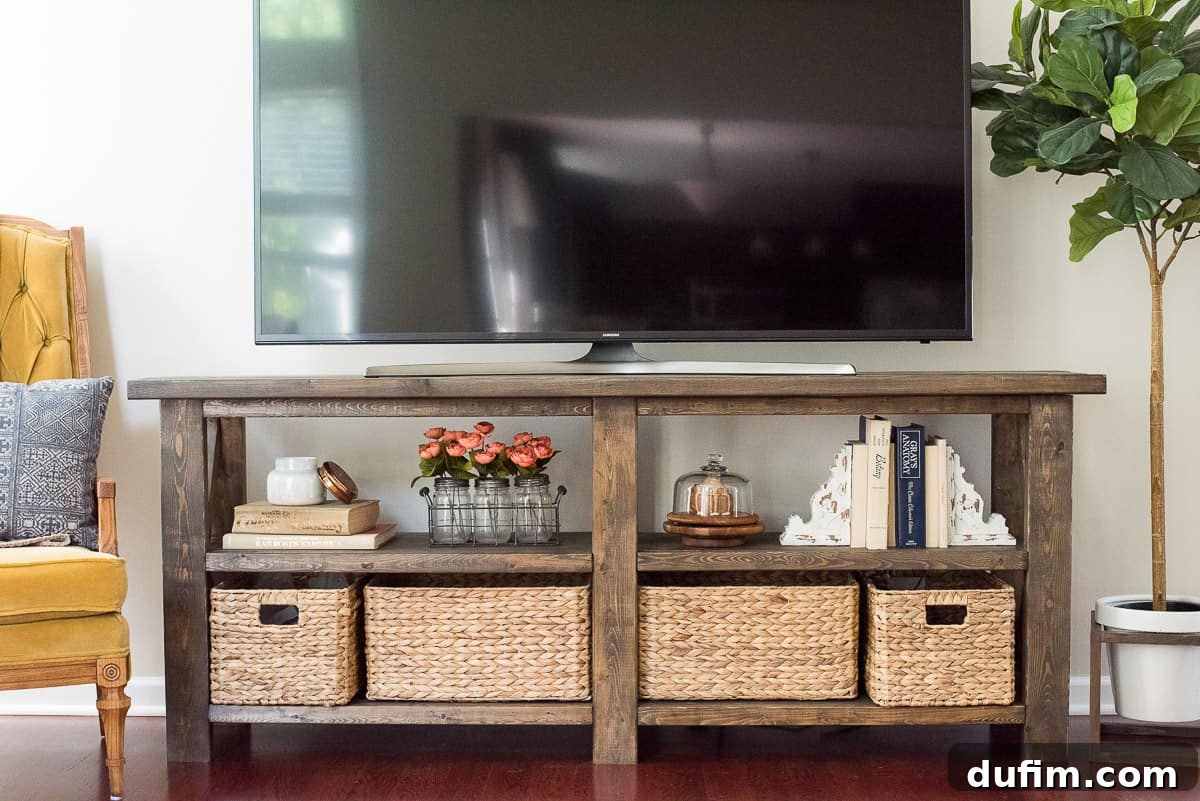 Beautifully crafted rustic farmhouse console table with decorative elements