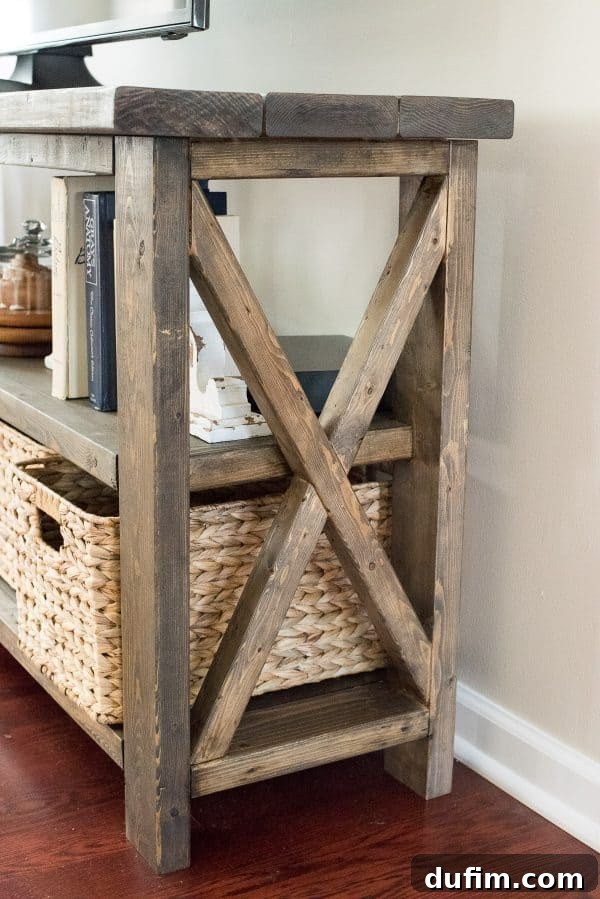 The finished rustic farmhouse console table beautifully stained and ready for use