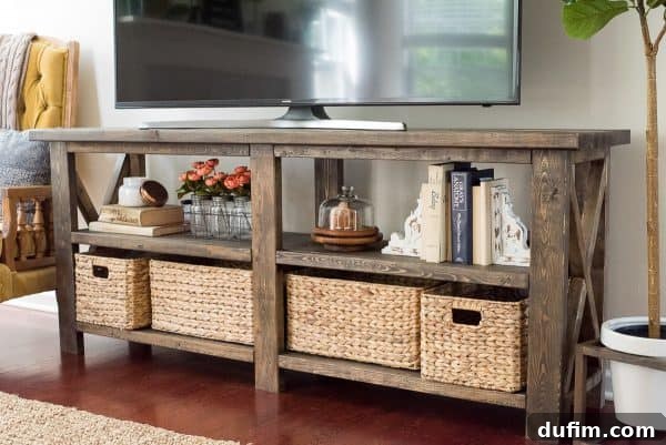 Close-up of the rustic farmhouse console table's top surface and decorative X-braces