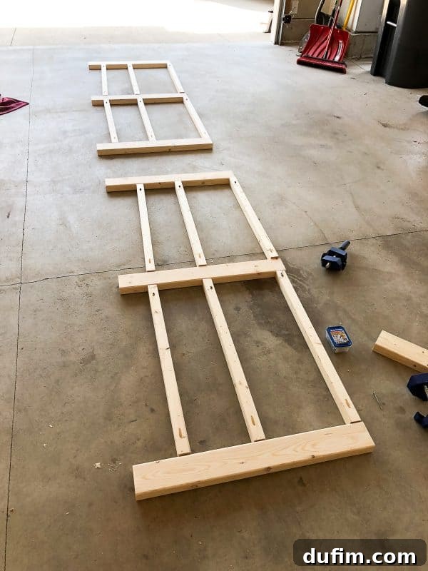 The front and back frames of the console table, built and ready for assembly