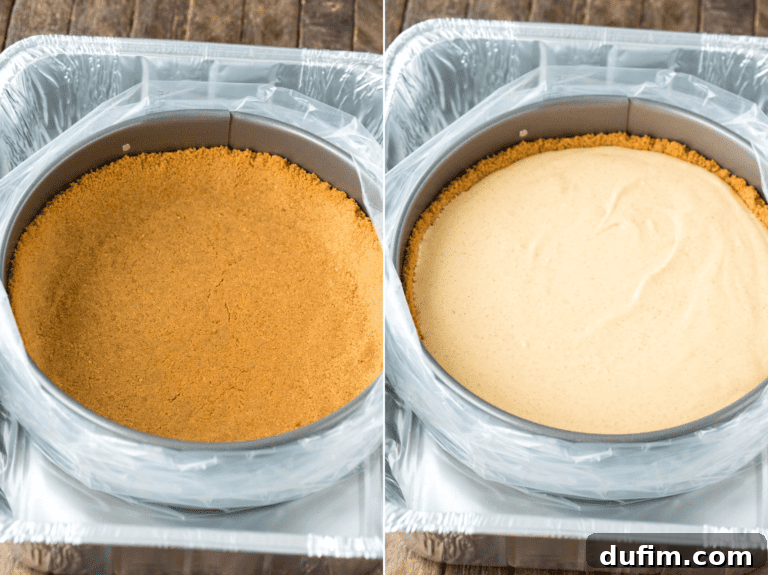 Decadent Twix Cheesecake 3 A springform pan with cheesecake batter placed inside a larger roasting pan, partially filled with water, illustrating the water bath technique.
