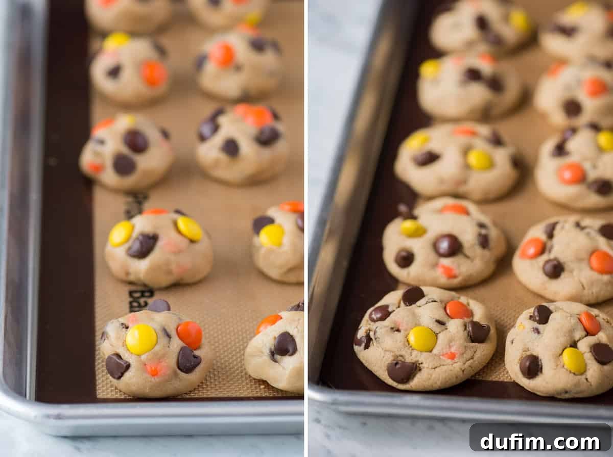Collage photos featuring peanut butter cookies with Reese's Pieces candies and chocolate chips on a metal baking sheet