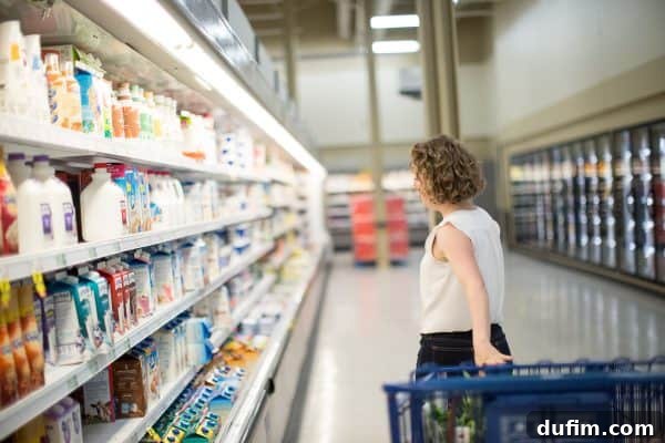 woman shopping in a grocery store, wearing a neutral outfit for brand photos