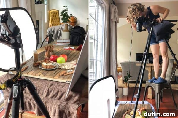 Two behind-the-scenes shots of food photography, featuring delicious fall recipes being styled and photographed.