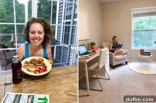 A candid photo of me, looking half-asleep but happy, with a plate of tiny pancakes for my birthday breakfast.