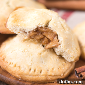 A close-up of a golden-brown apple hand pie with a flaky crust, broken open to reveal spiced apple slices. The mini pie rests on a wooden surface with cinnamon sticks in the background.