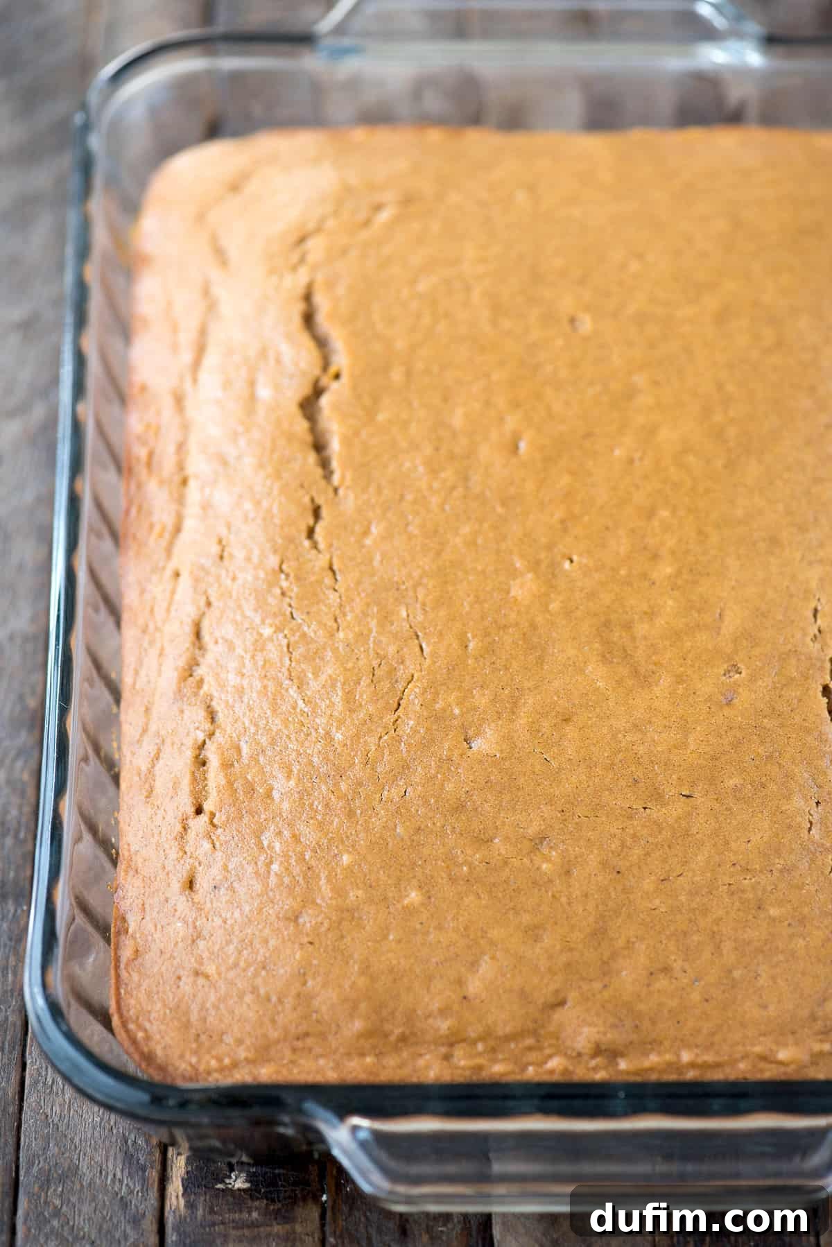 Effortless Pumpkin Cake from a Mix 4 A warm, unfrosted pumpkin cake fresh out of the oven, nestled in a clear glass 9x13 inch pan, ready for its delicious topping.