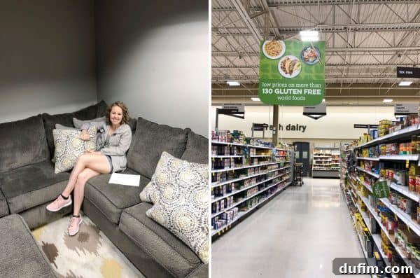 A September 2018 Kitchen Break 2 Cozy new gray sectional sofa in a modern, freshly decorated basement living area with throw pillows