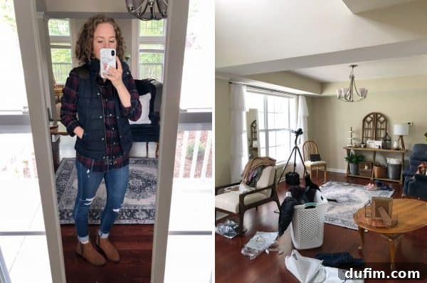 A September 2018 Kitchen Break 5 Woman showcasing a stylish and cozy fall outfit, featuring a textured sweater and comfortable jeans
