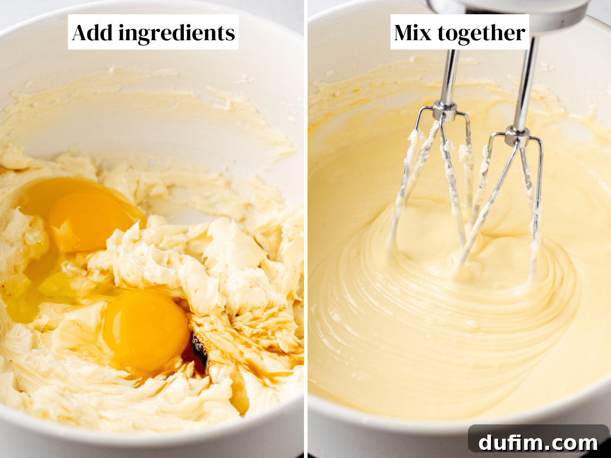 Mixing cheesecake ingredients in white bowl