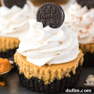 A cupcake with a chocolate cookie crust, creamy swirled frosting, and a mini Oreo cookie on top. Mini pumpkin cheesecakes and a spoon with orange filling are visible in the background.