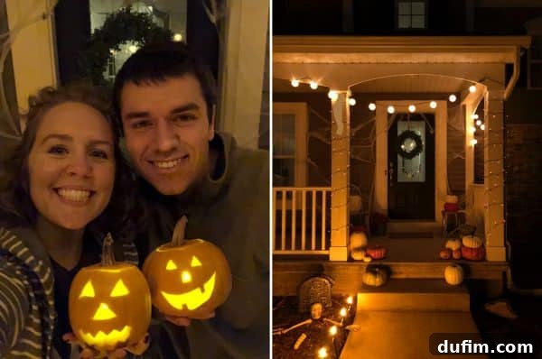 Two small, carved pumpkins glowing, and a Halloween-decorated front porch with pumpkins, lights, and festive elements