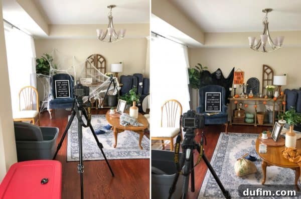 Behind the scenes of two different letterboard photography shoots, showing props and setup