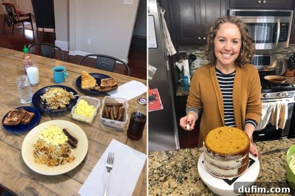 Breakfast for dinner spread with eggs, hashbrowns, sausage, French toast, and coffee. Second image shows a three-layer pumpkin naked cake for a child's first birthday.