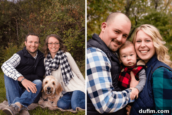 A family portrait taken outdoors in autumn, featuring a couple and their child in fall colors