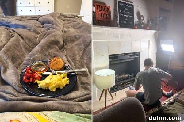 Breakfast in bed with coffee and a croissant, and Ryan fixing an electric fireplace with Salsa the cat nearby