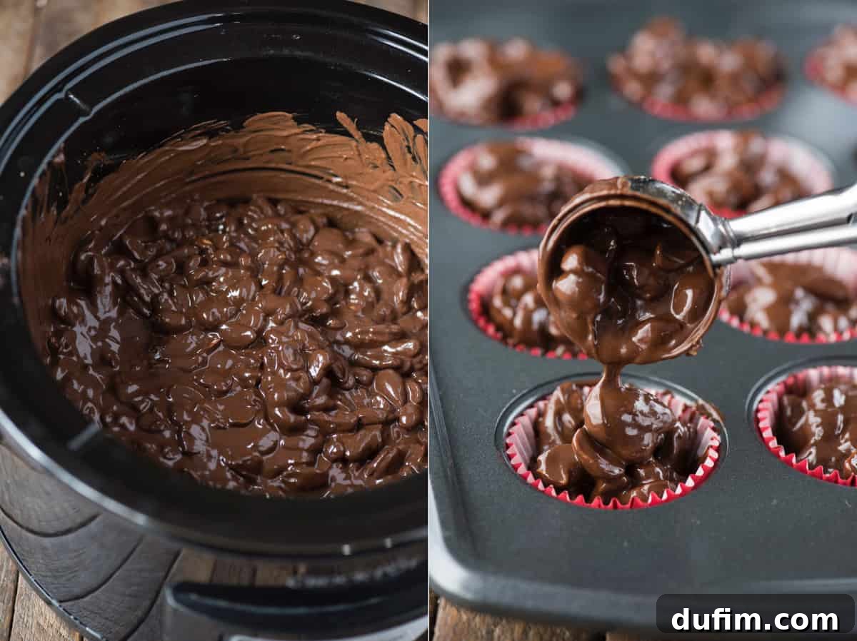 Crock pot or stove top spicy nut clusters! These dark chocolate cayenne nut clusters are popular during the holiday season. Plus there’s notes for making them less spicy or packed with heat! A side-by-side comparison showing dark chocolate cayenne nut clusters in a crock pot (left) and finished clusters neatly arranged in red mini muffin paper cups (right), illustrating the preparation and final presentation.