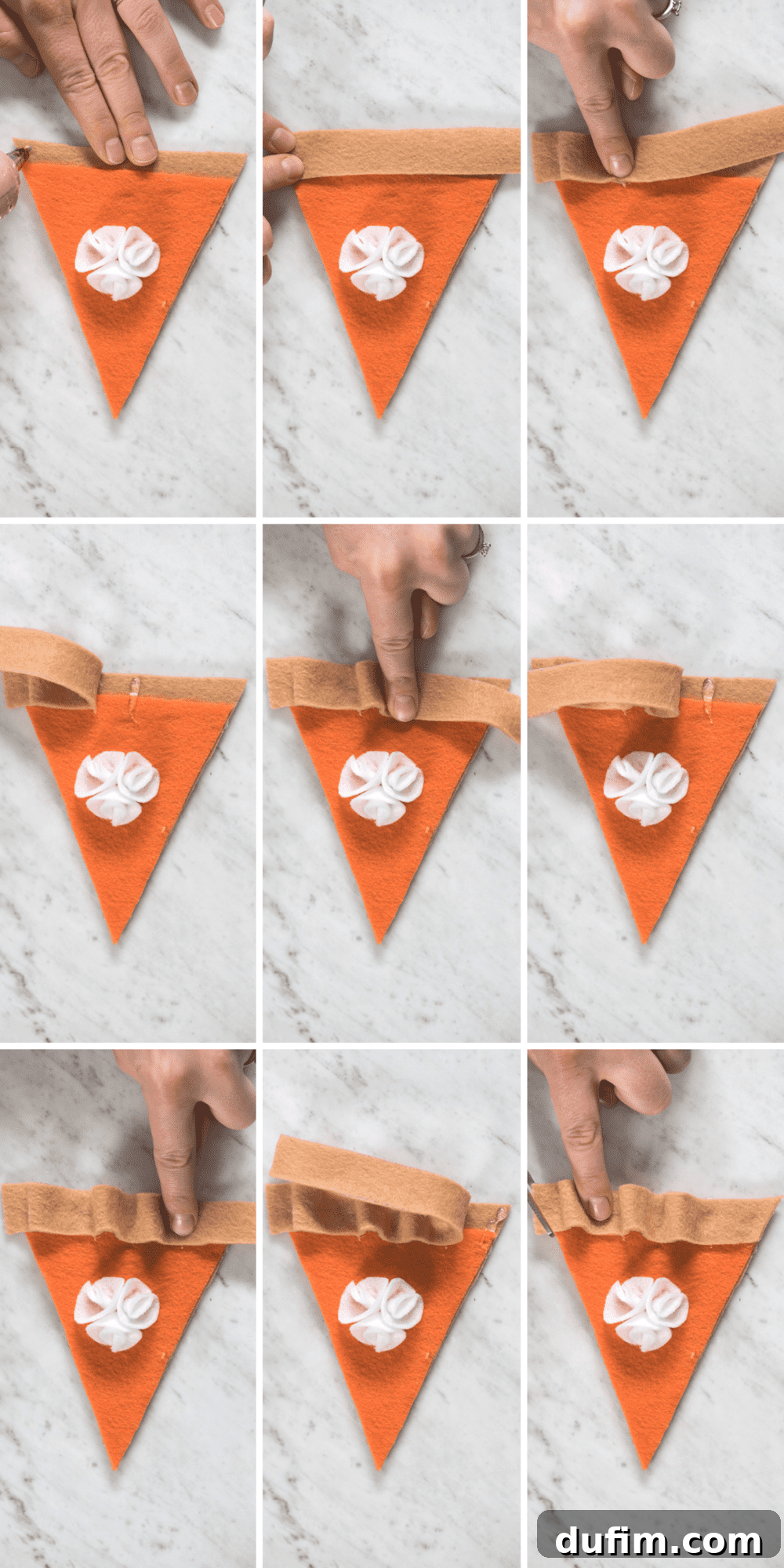 Adding Wavy Top Crust to Felt Pumpkin Pie Garland Assembling the wavy top crust onto a felt pumpkin pie, demonstrating the gluing and shaping technique.