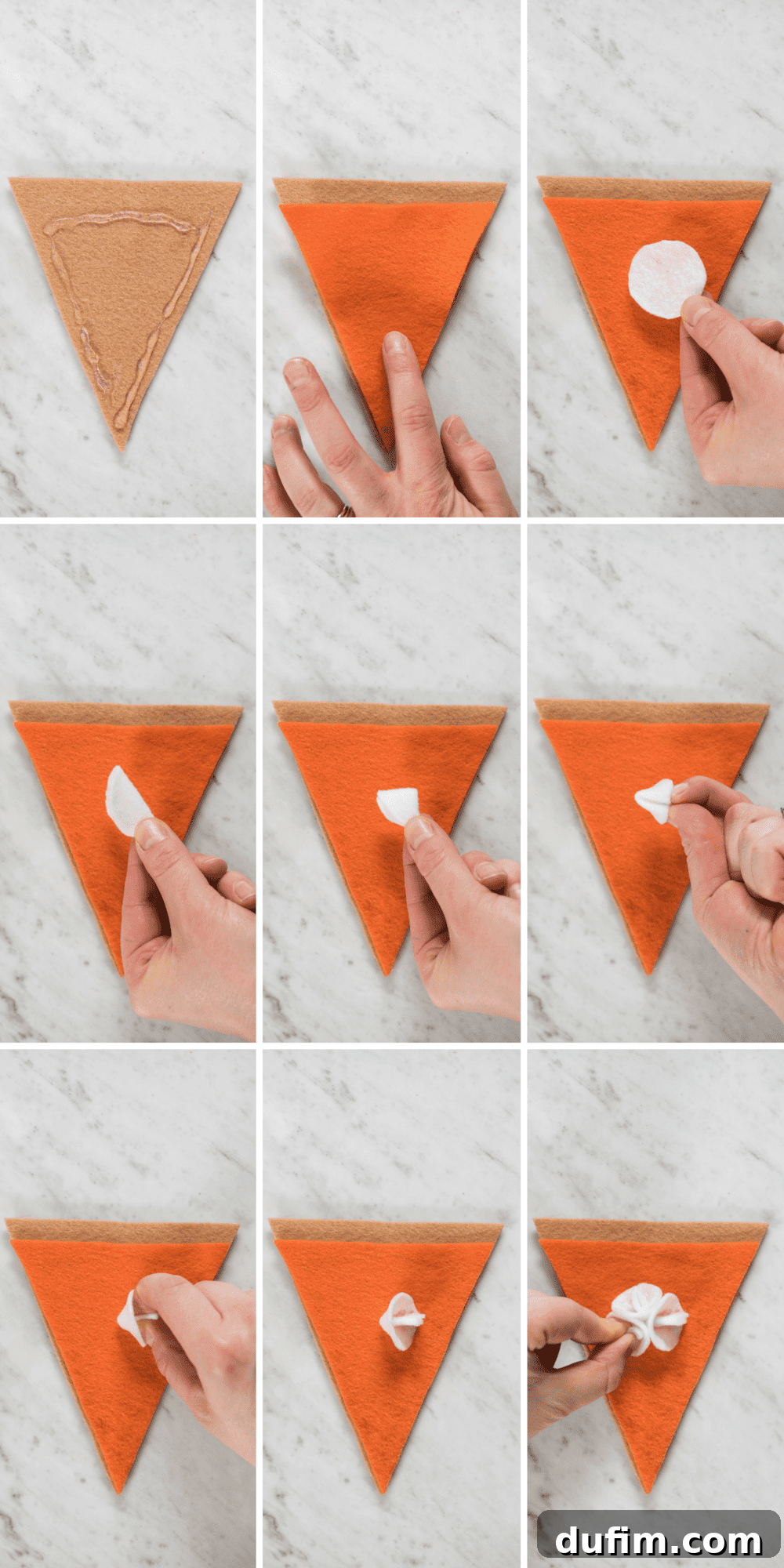 Felt Pumpkin Pie Assembly: Filling and Whipped Cream Detail Detailed step-by-step assembly of a felt pumpkin pie showing glue application and folding technique for whipped cream.