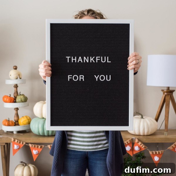 Thanksgiving letter board post with a grateful message: 'Grateful for small things, big things, and everything in between.'