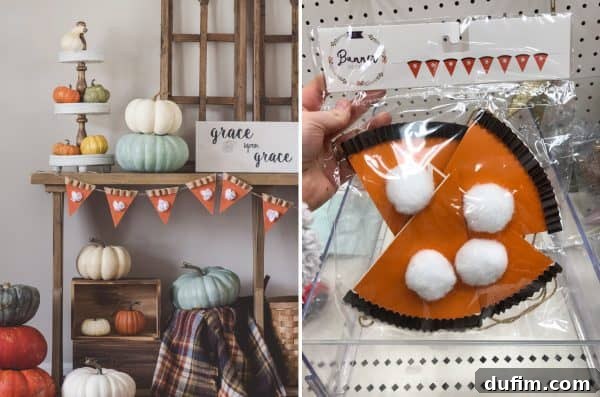 November's Kitchen Escape 5 Split image: Left shows a handmade pumpkin pie felt banner strung across a fireplace mantle. Right shows a similar, store-bought pumpkin pie garland on a display rack at Target.