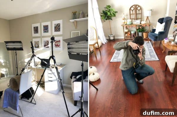 November's Kitchen Escape 6 Split image: Left shows a messy office space with various photography equipment set up for a self-timer fashion shoot. Right shows a man (Ryan) crouching at a very low, awkward angle to photograph shoes on the floor.