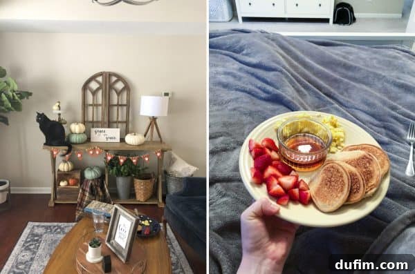 November's Kitchen Escape 8 Split image: Left shows a cat (Salsa) sitting proudly atop a dresser as if part of the home decor. Right shows a tray with a coffee cup and a breakfast pastry, indicating breakfast in bed.