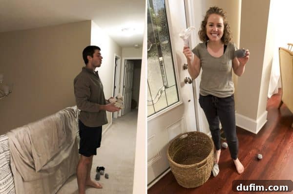 November's Kitchen Escape 10 Split image: Left shows two people engaged in a lighthearted indoor game, possibly throwing socks into a laundry basket. Right shows a smiling person holding a handmade paper trophy, celebrating a victory.