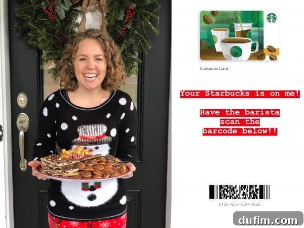 Smiling woman holding a plate of festive no-bake treats, likely tiger butter and marshmallow bars, ready for a Christmas party
