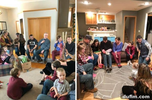 A large, joyful family gathering on Christmas Day, with festive chaos and fun, followed by a challenging version of the saran wrap ball game