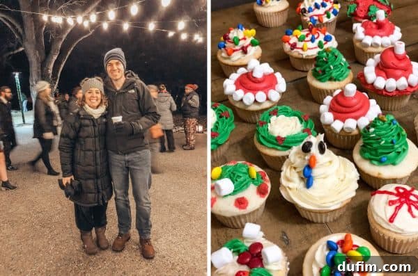 Couple, Ryan and Beth, bundled up and holding hands during a festive candlelight walk in their city, enjoying hot cocoa