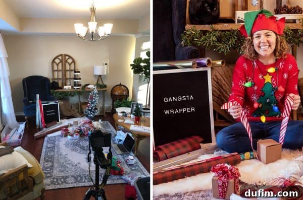 Behind-the-scenes shot of a woman setting up a camera for a letterboard photo, followed by the final stylish letterboard photo with a festive message