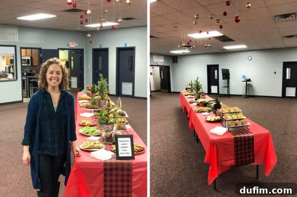 Volunteer helping to organize and decorate a cookie reception table at church, showcasing a variety of festive cookies on display