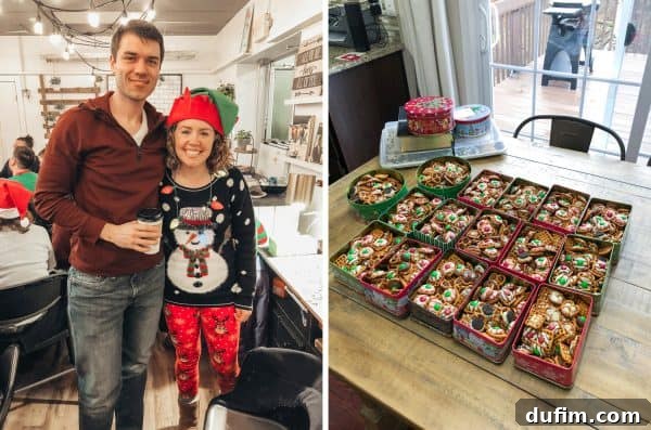 Friends Ryan and Beth with Steph and Neil at a Christmas movie trivia night, followed by a large assortment of festive pretzel bites prepared for gifting