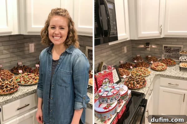 A festive table laden with various desserts and treats, where guests can fill their own cookie tins to take home at a life group Christmas party