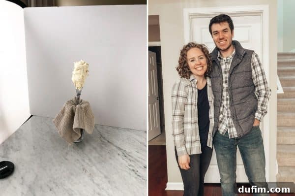A creative photography setup showing a whisk held upright by chocolate chips in a glass covered with a towel, acting as a 'third hand'.