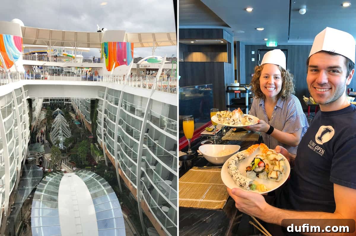 A scenic view of the Central Park area on the Symphony of the Seas cruise ship, and a couple enjoying a sushi-making class on board.