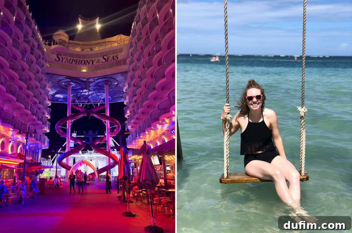 The vibrant boardwalk area of the cruise ship at night with the towering Abyss slides, and a serene beach scene in Roatan, Honduras.