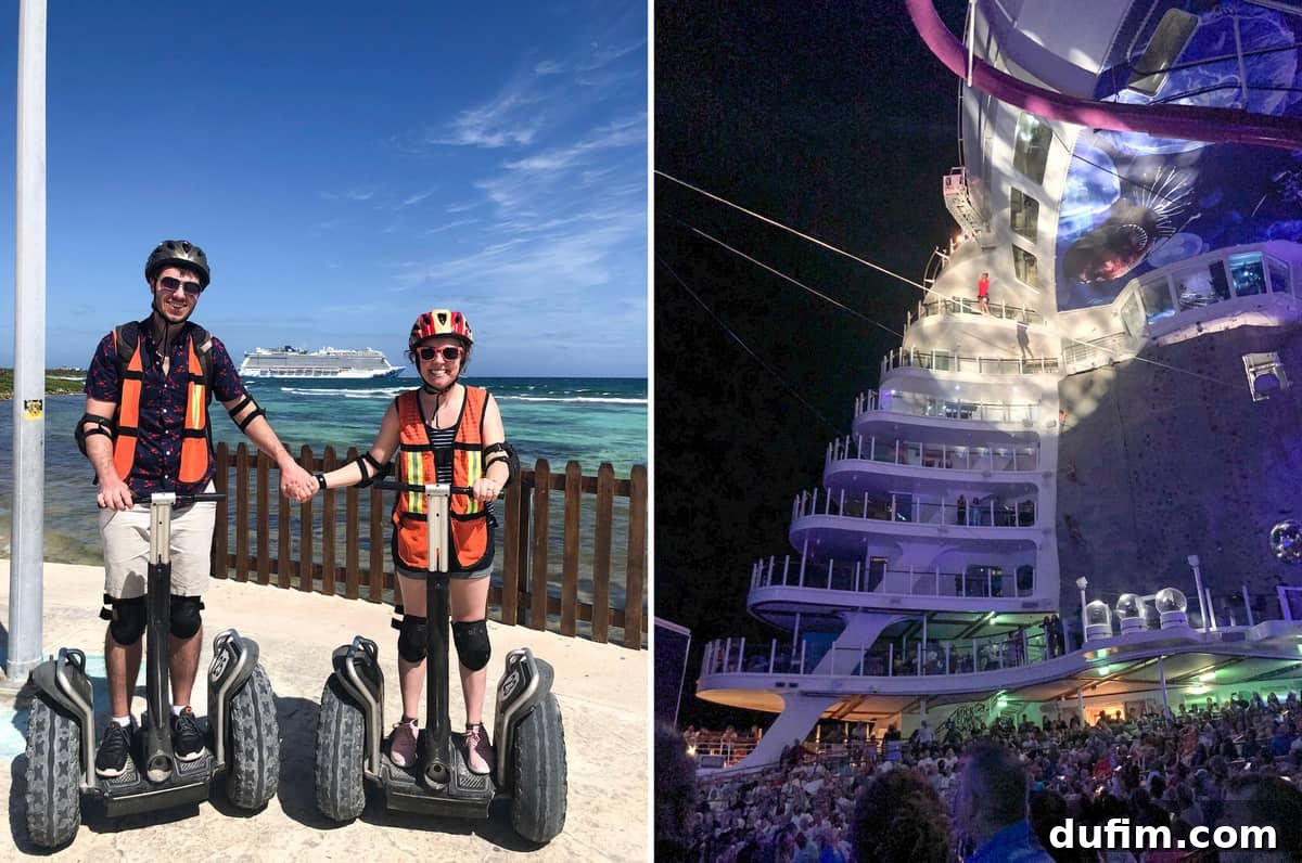 A couple on a segway tour through a sunny street in Costa Maya, and an energetic aqua theater performance with acrobats and dancers on the cruise ship.