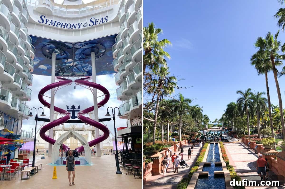 The lively boardwalk area of the cruise ship during the day, and a breathtaking view of the luxurious Atlantis Resort in Nassau, Bahamas.