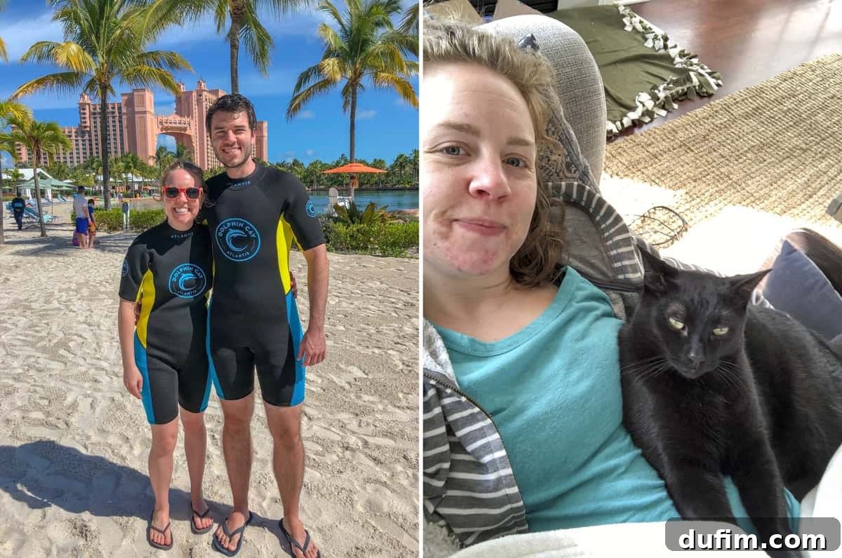 A couple in wetsuits waiting for a dolphin interaction at Atlantis, reflecting a travel mishap, and a dog (Salsa) lovingly snuggling with its owner after their return home, showing pet affection.