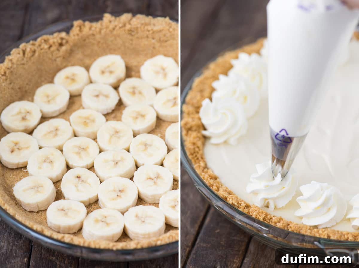 A helpful collage demonstrating the steps: on the left, a banana breeze pie with its graham cracker crust and banana layer; on the right, whipped cream being piped onto the pie for decoration.