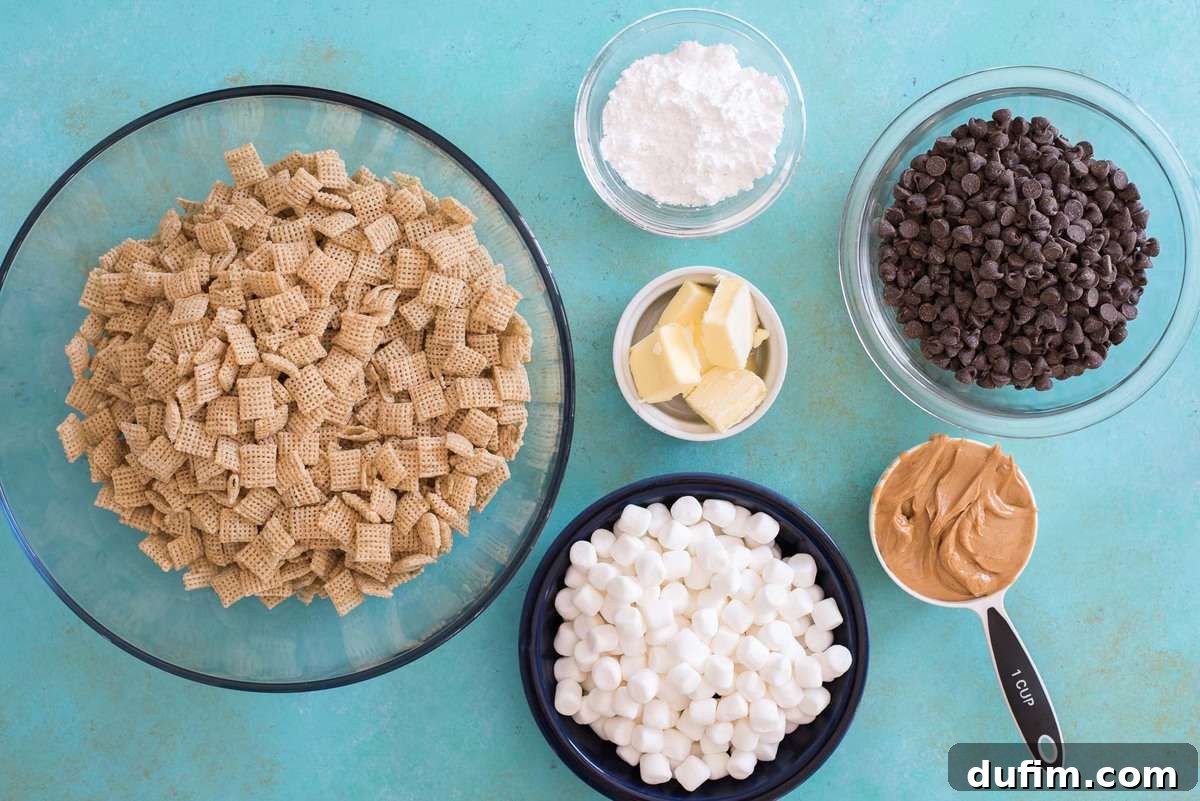 A vibrant display of ingredients for Puppy Chow Bars, including Chex cereal, chocolate chips, peanut butter, and marshmallows, on a teal background.