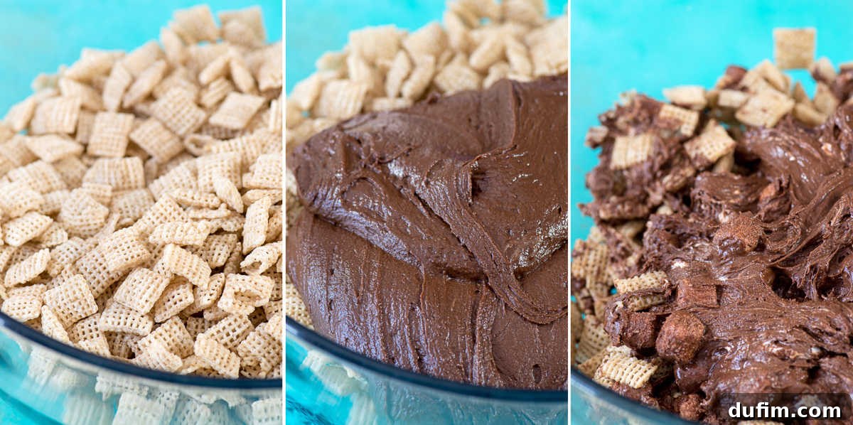 A step-by-step collage illustrating the process of making Puppy Chow Bars, from ingredients to finished product.