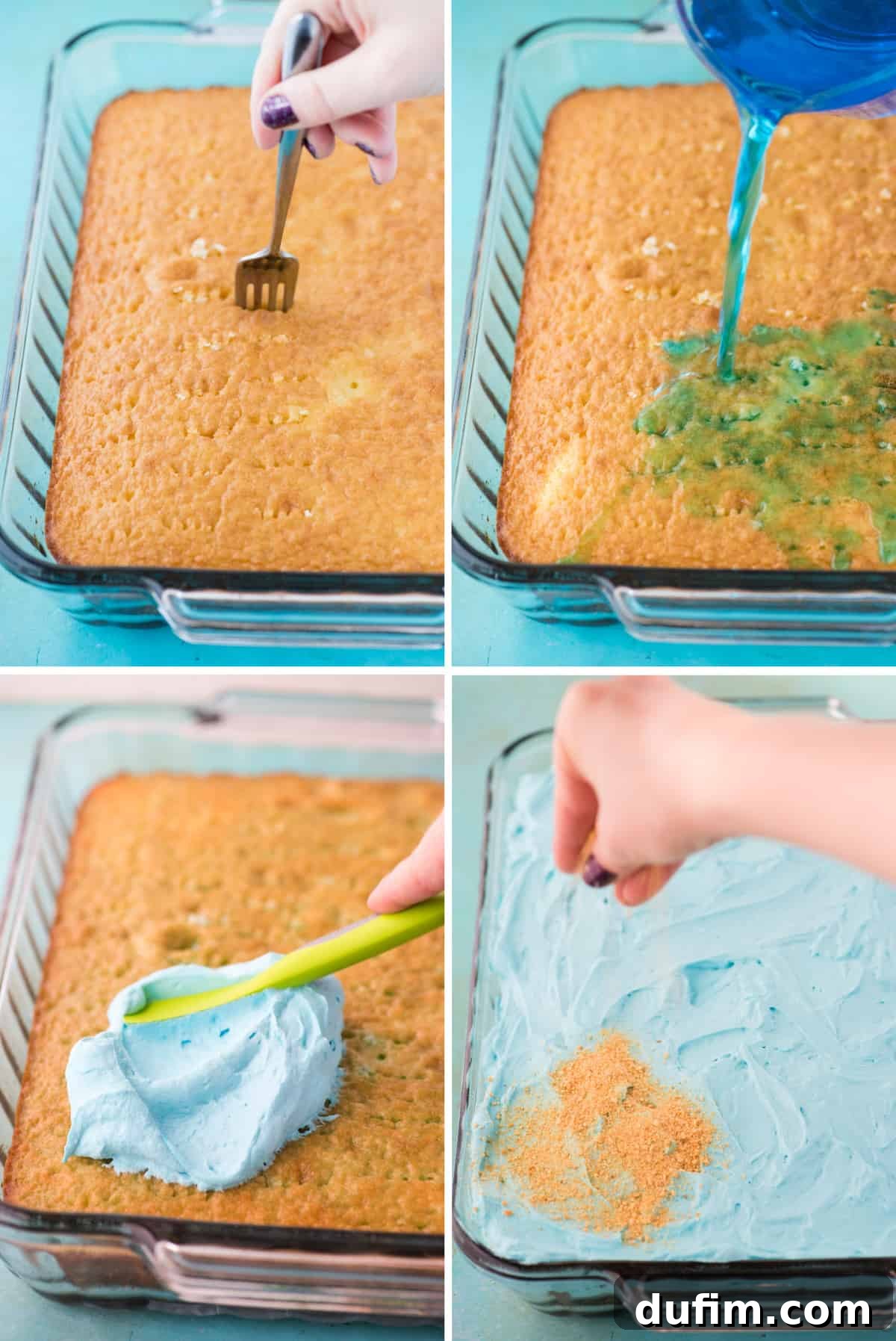 Step-by-Step Guide: Preparing a Jello Poke Cake Process of making a poke cake: a glass 9x13 inch pan containing a baked cake with holes poked using a fork, and a blue jello mixture being poured over the cake to seep into the holes.