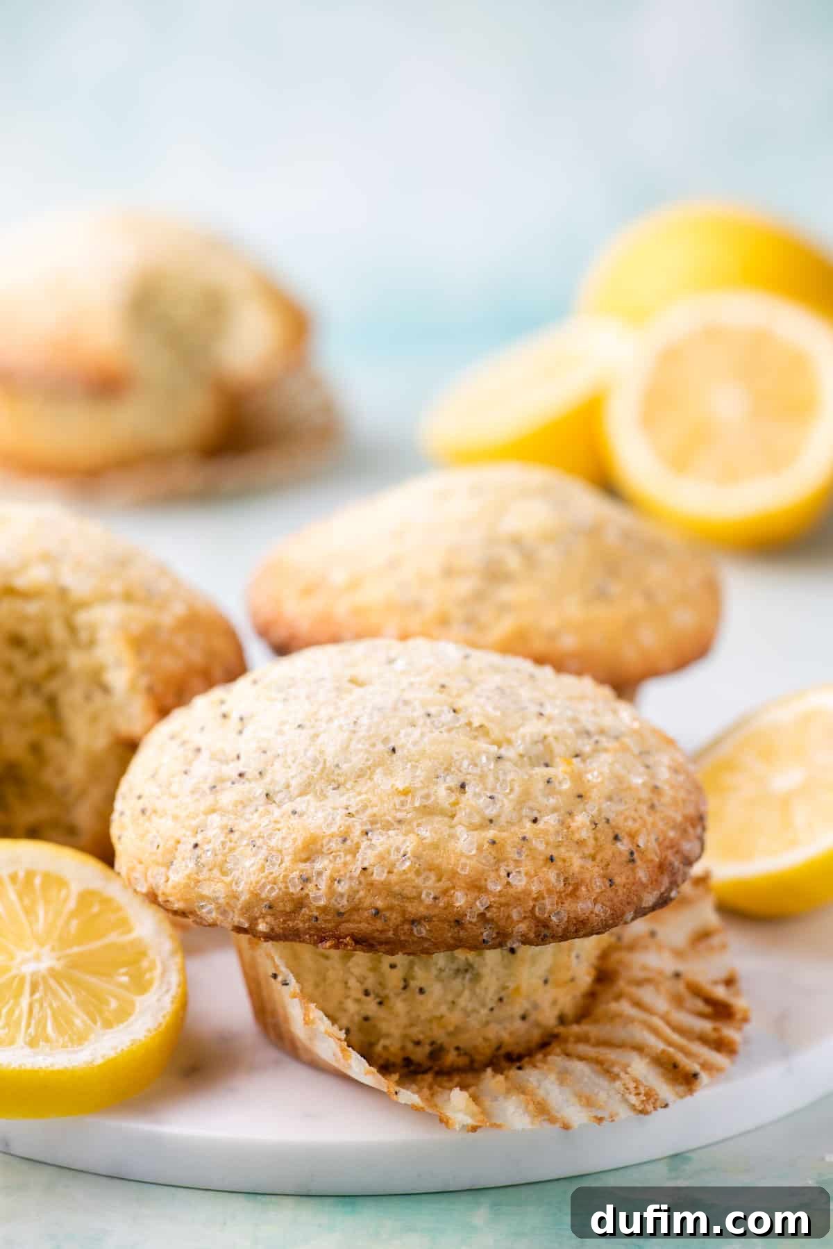 Zesty Lemon Poppy Seed Delights 2 A single, perfectly baked lemon poppy seed muffin rests on a white plate with its paper liner partially peeled, highlighting its fluffy interior and poppy seed distribution. More muffins and fresh lemon slices are blurred in the background.