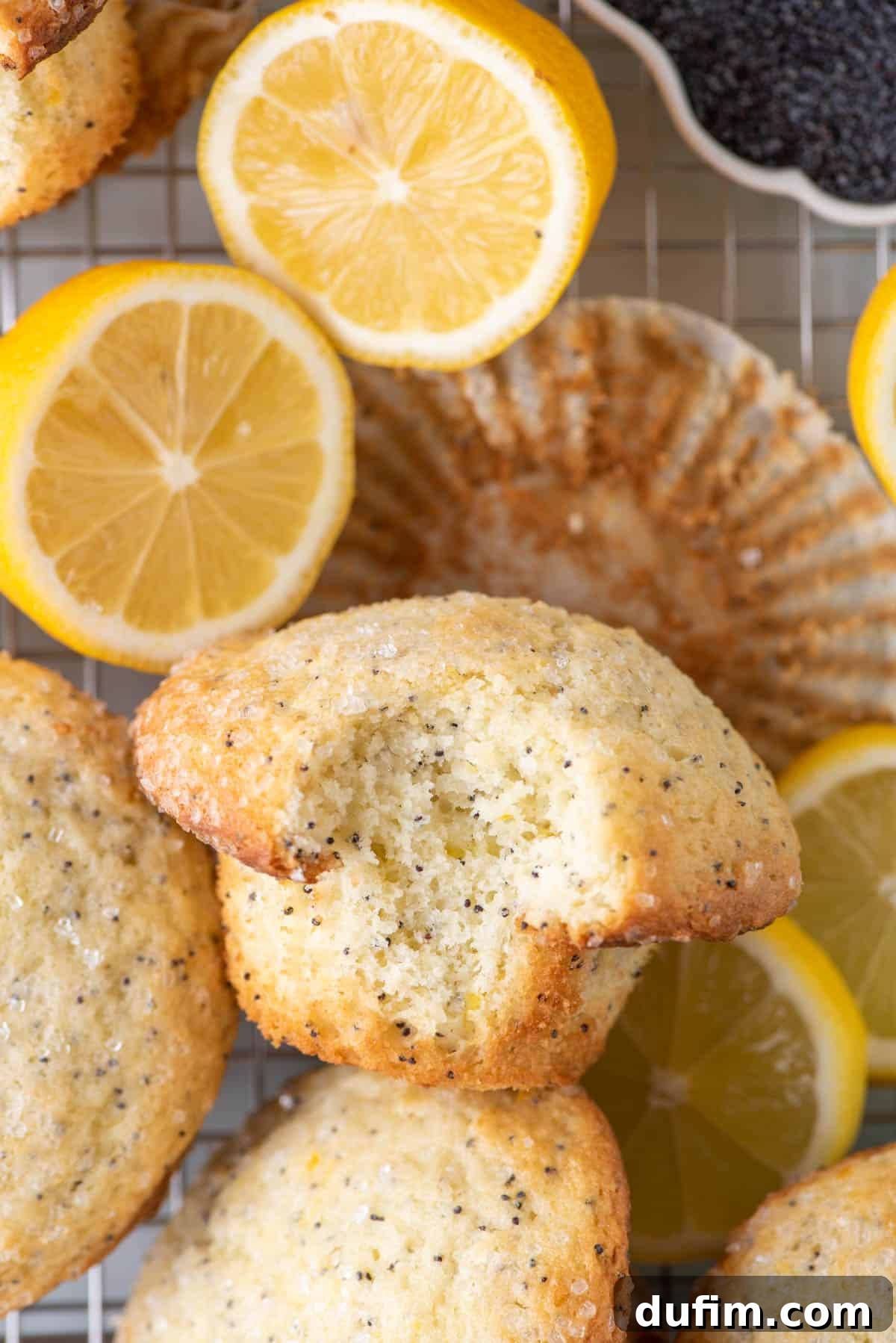 Zesty Lemon Poppy Seed Delights 4 A close-up shot of several perfectly baked lemon poppy seed muffins piled in a pan, some with a bite taken out. Fresh lemon slices and peels, along with a small bowl of poppy seeds, are artfully arranged around the pan, emphasizing the fresh ingredients.